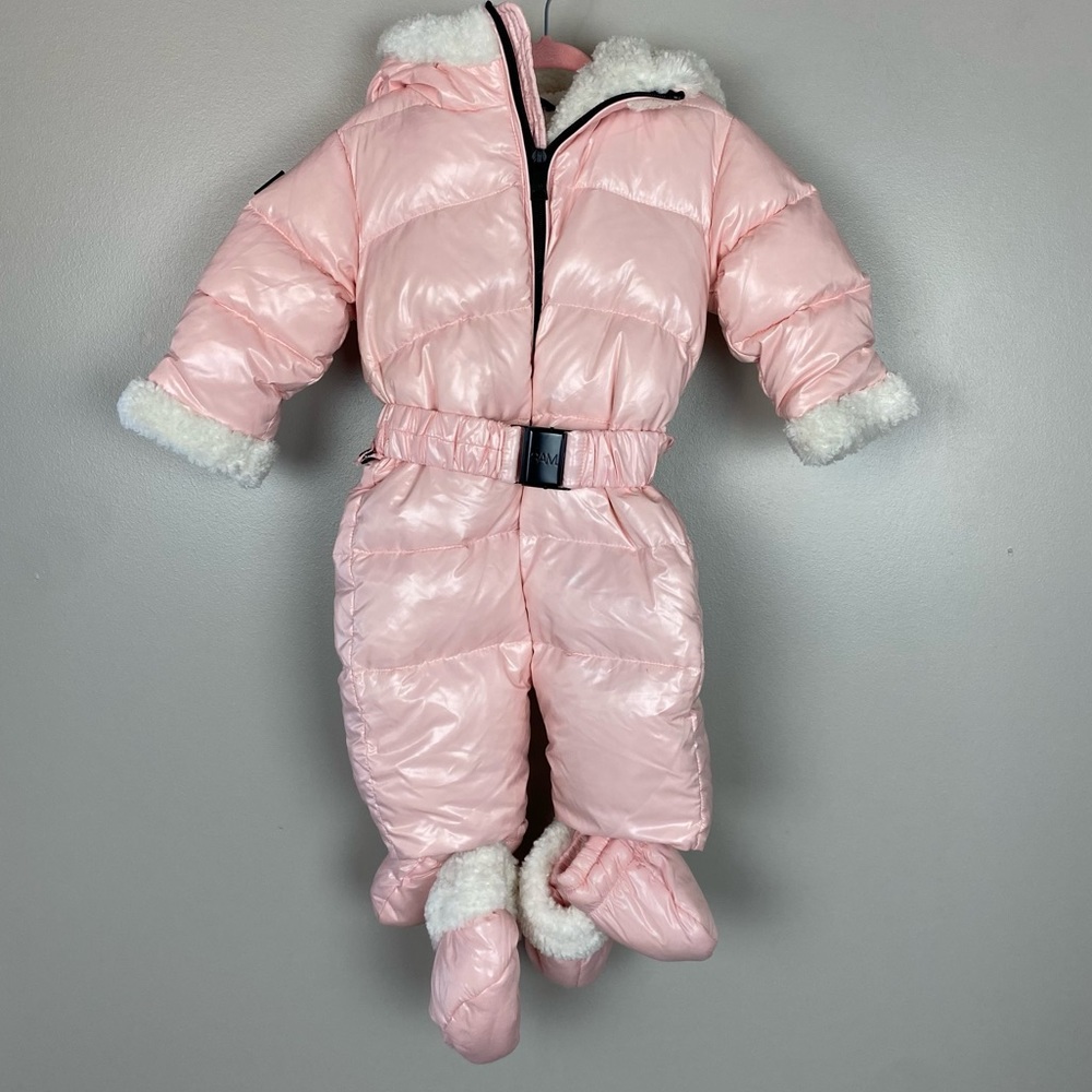 SAM pink snowbunny snowsuit 6-12 months ballet pink great cond just dry cleaned